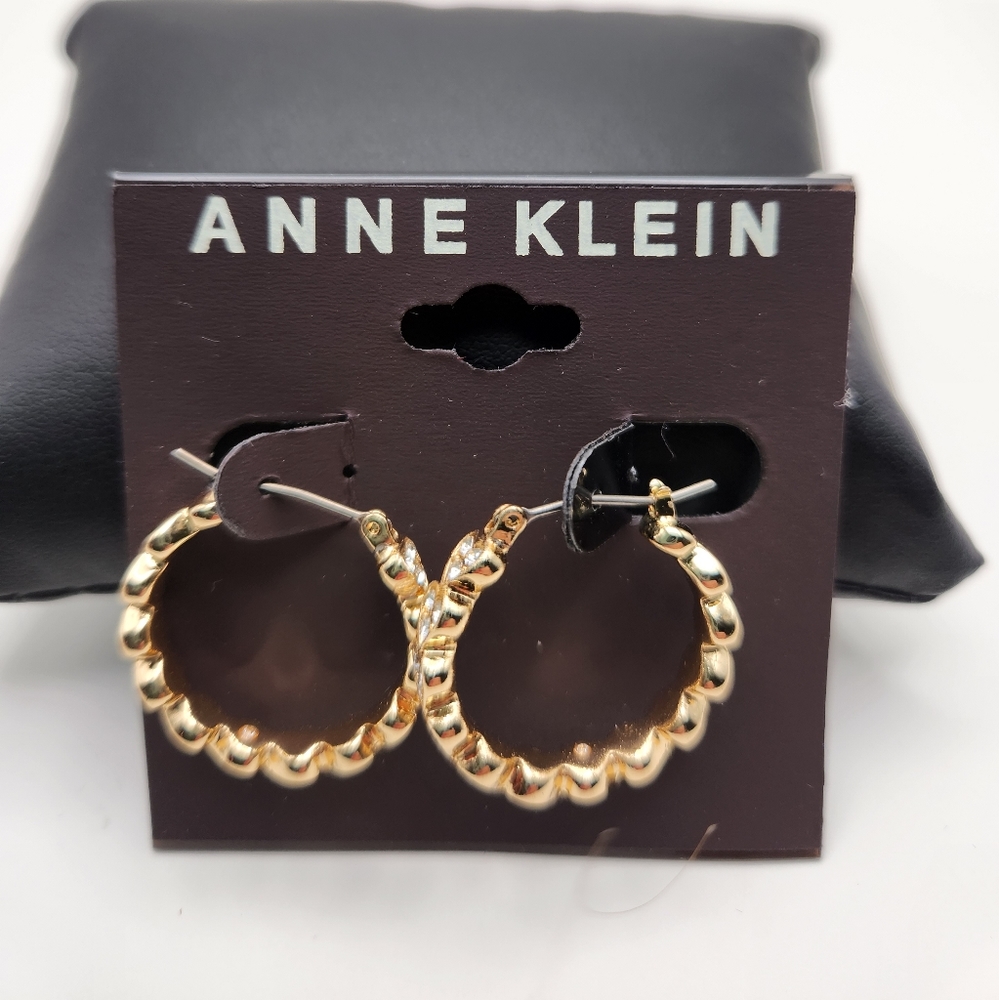 Anne Klein Gold Tone Crystal and Gold Heart Hoop Earrings